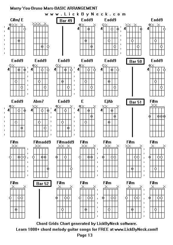 Chord Grids Chart of chord melody fingerstyle guitar song-Marry You-Bruno Mars-BASIC ARRANGEMENT,generated by LickByNeck software.